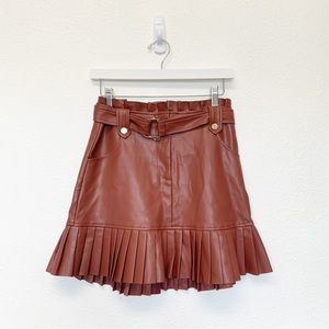 ZARA Pleated Faux Vegan Leather Mini Skirt Mahogany with Gold Hardware SIZE S